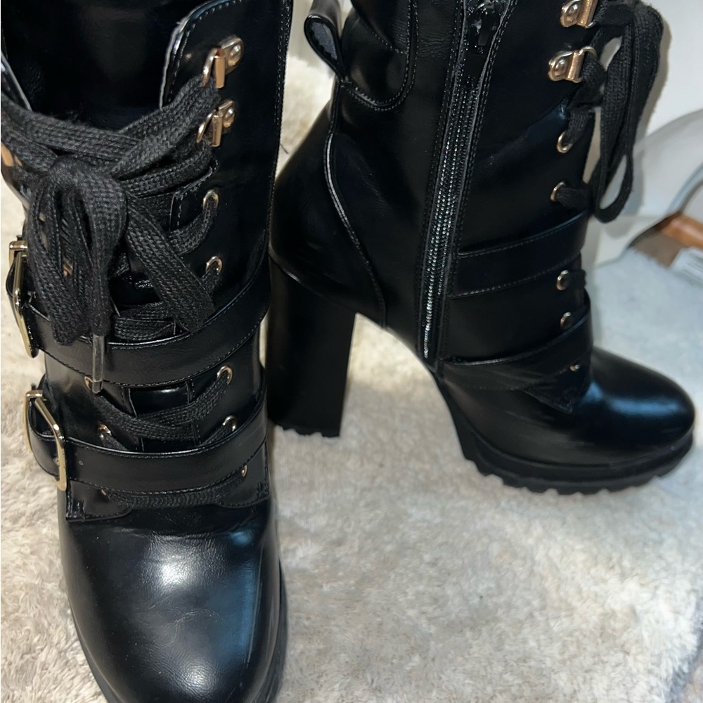 Black Lace-Up High Heel Boots